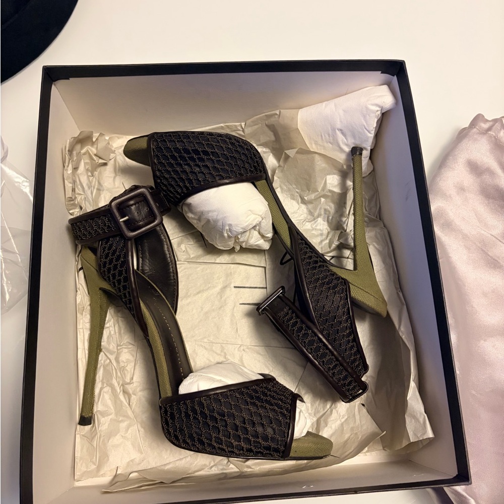 Giuseppe Zanotti Woven Strap High Heel Sandals in Black and Olive Size 38